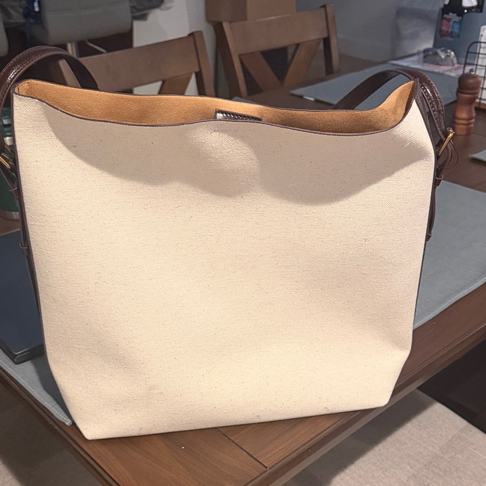 Zara Canvas Shoulder Bag with Brown Leather Trim - Cream